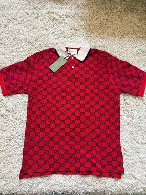 Gucci Red Polo with Navy GG Monogram and White Contrast Collar